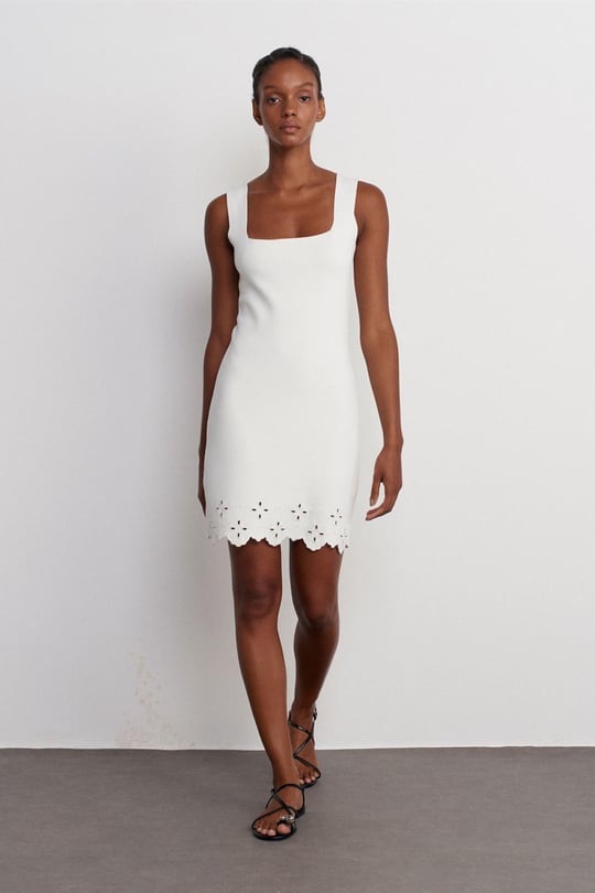 Wholesale Women Ecru Square Neck Floral Embroidered Knit Dress