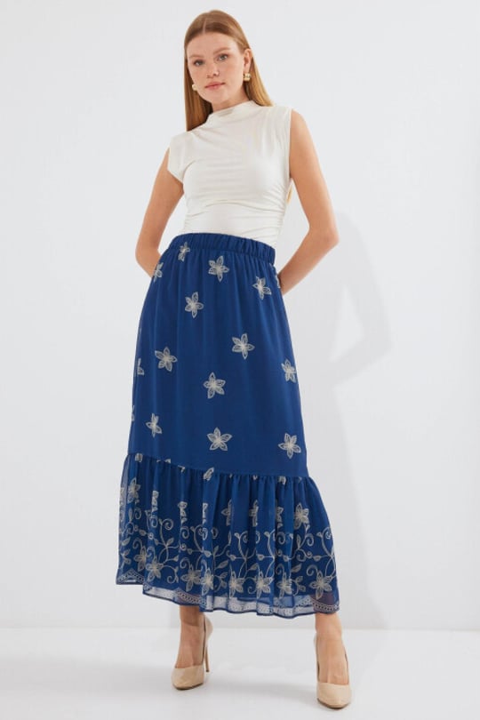Navy blue chiffon maxi skirt deals