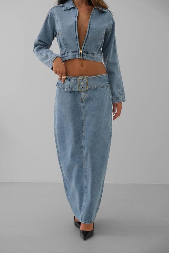Women Belt Detail Maxi Denim Skirt Wholesale Blue Color Wholesale Skirt