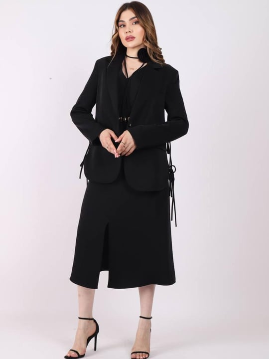 Women blazer and midi dress set with rose detail wholesale Black color