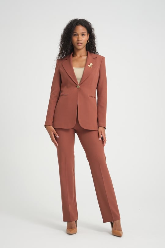 Women blazer jacket and pants suit wholesale Tobacco Brown color Wholesale Classic