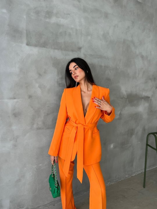Women blazer with belt and pants set wholesale Orange color Wholesale Classic