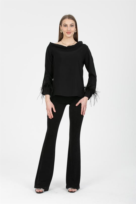 Women boat-neck blouse with feathers wholesale Black color