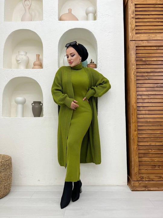 Women cardigan and turtleneck maxi dress set wholesale Pistachio color Wholesale Dress
