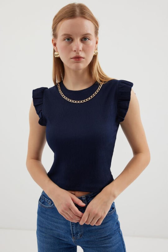 Women chain detailed blouse wholesale Navy color