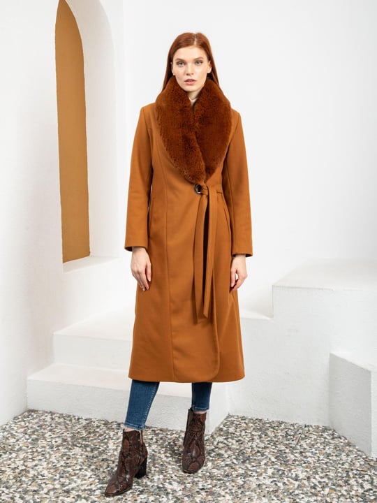 Anthropologie Cartonnier Camel Coat With Maroon Fur Collar, Cartonnier  Trench Coat