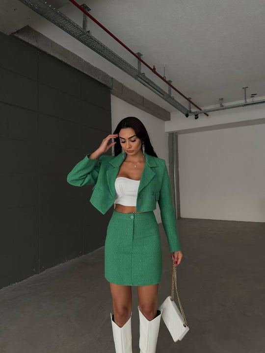 Women cropped blazer and mini skirt set wholesale Green color Wholesale Skirt Set