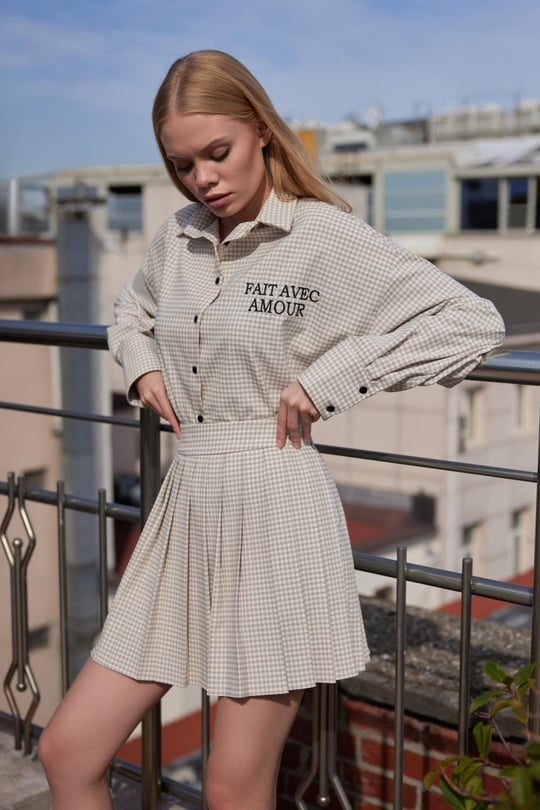Women Embroidered Plaid Shirt Plaid Pleated Mini Skirt wholesale Beige color Wholesale Skirt Set