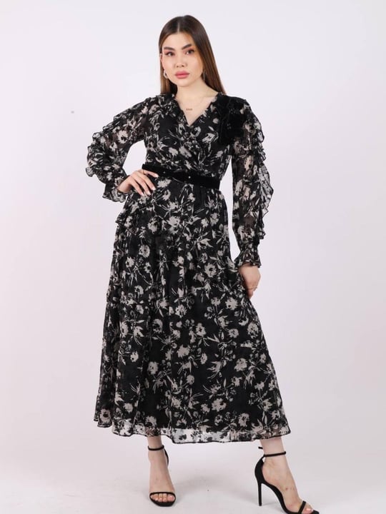 Women floral chiffon midi dress wholesale Black color | Toptan Giyim
