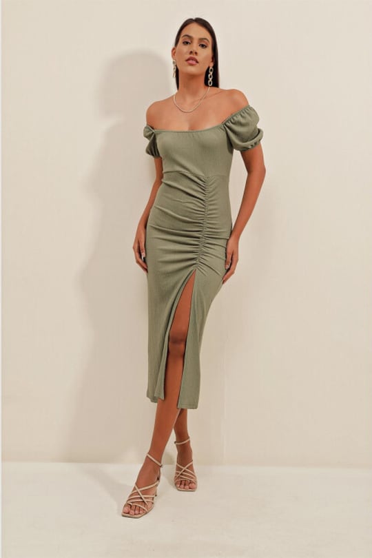 Women front slit knitted midi dress wholesale Pastel Mint color Wholesale Midi