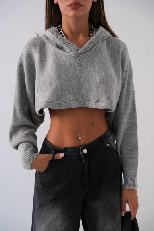 Women Hooded Crop Sweater Wholesale Gray Color Wholesale Crop Tops