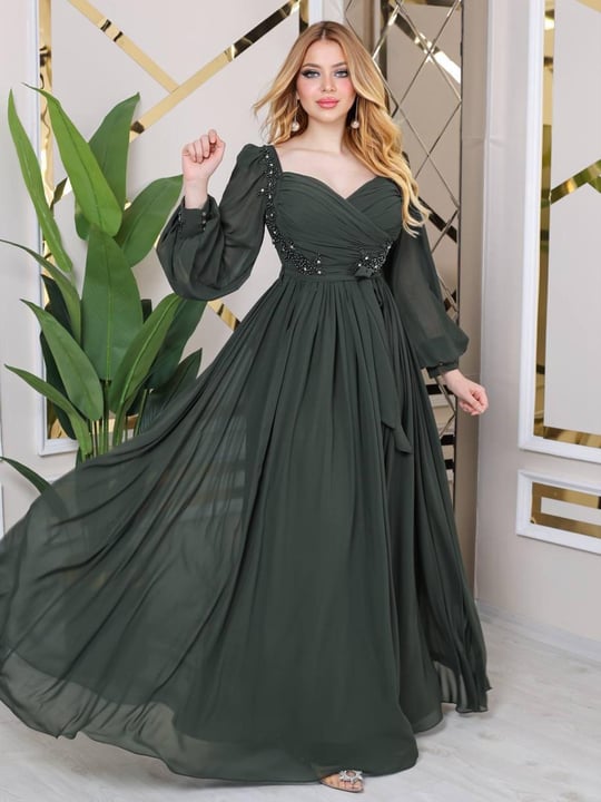 Women long sleeve maxi dress wholesale Khaki color Wholesale Evening Dress