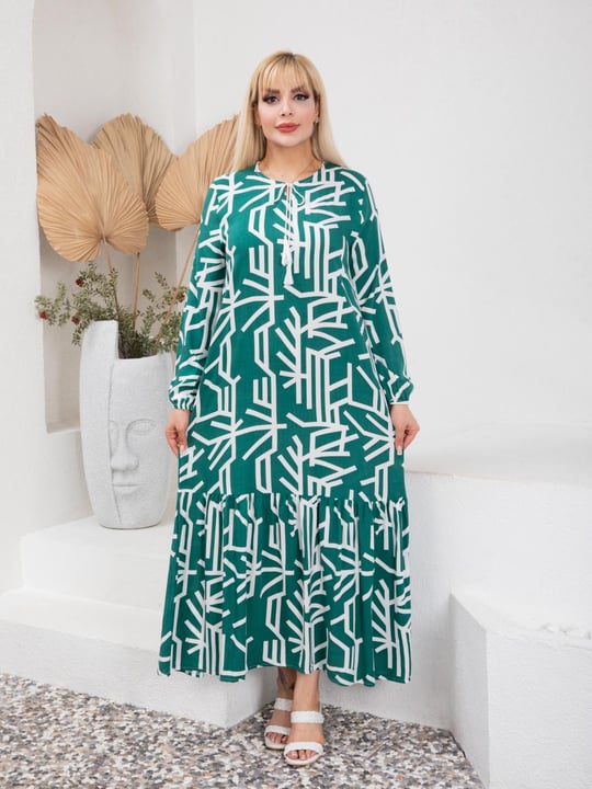 Women Long-Sleeve Patterned Maxi Dress Big Size Wholesale Persian Green  Color