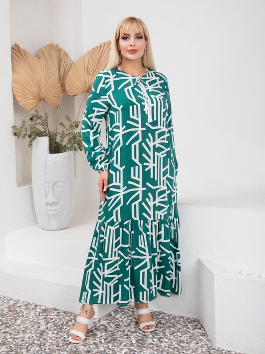 Women Long-Sleeve Patterned Maxi Dress Big Size Wholesale Persian