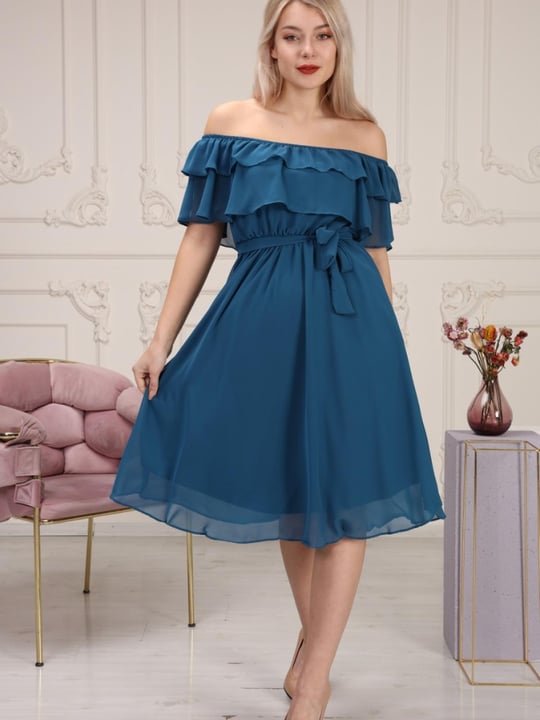 Women off shoulder chiffon midi dress wholesale Petrol color
