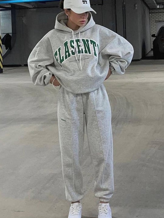 Women Printed Hoodie And Sweatpants Set Wholesale Gray Color Wholesale Tracksuit Set