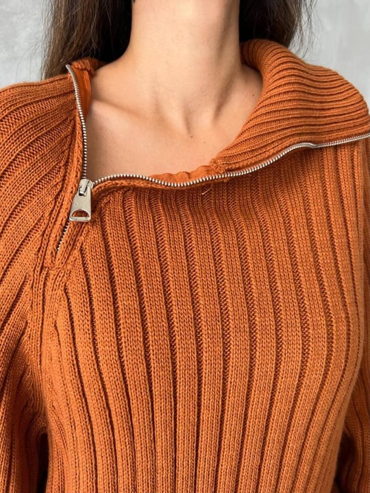 Women zip neck sweater wholesale Camel color Wholesale Jumper Cardigan