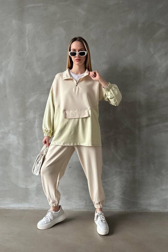 Women zip neck sweatsuit wholesale Beige color