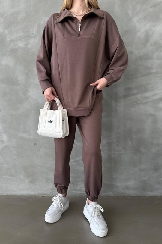Women zip neck sweatsuit wholesale Brown color Wholesale Clothing