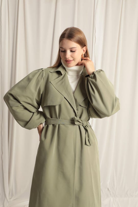 Woven Fabric Liquid Proof Tie Detailed Women's Khaki Trench Coat |  Wholesale Trench Coat