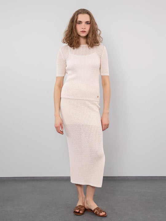 Open Knit Midi Skirt with Slit