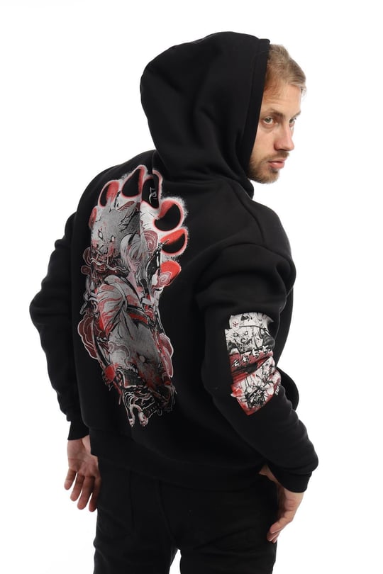 Erkek Kitsune Anime Girl Bask l 3 plik Kapu onlu Sweat Siyah