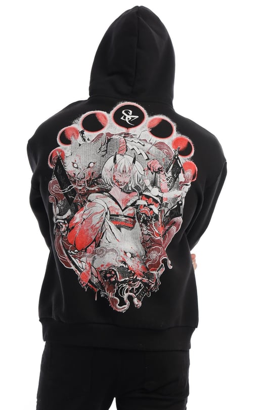 Erkek Kitsune Anime Girl Bask l 3 plik Kapu onlu Sweat Siyah