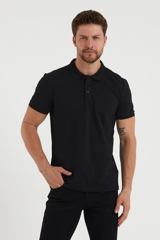Erkek Regular Fit Polo Yaka 5li T-shirt Siyah