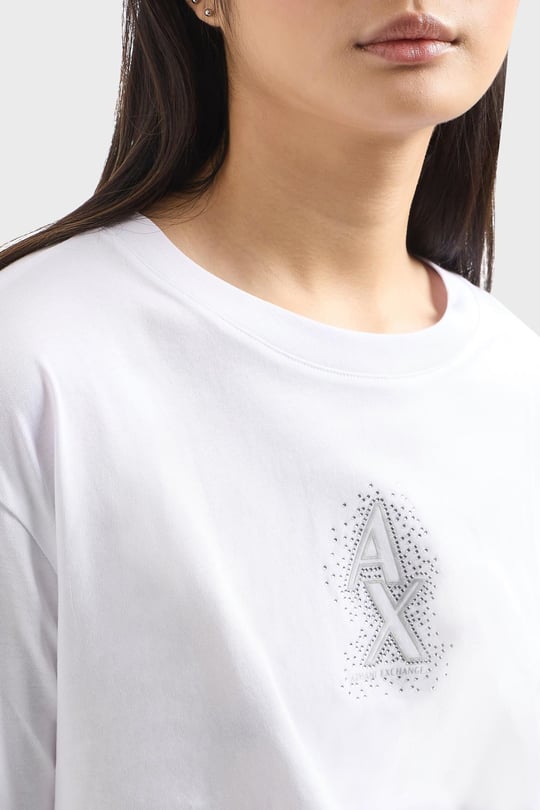 ARMANI EXCHANGE Armani Exchange Kadın Normal Kalıp Yapay Elmas İşlemeli %100 Pamuklu Crop Beyaz T-Shirt XW000102 AF10359-U0002