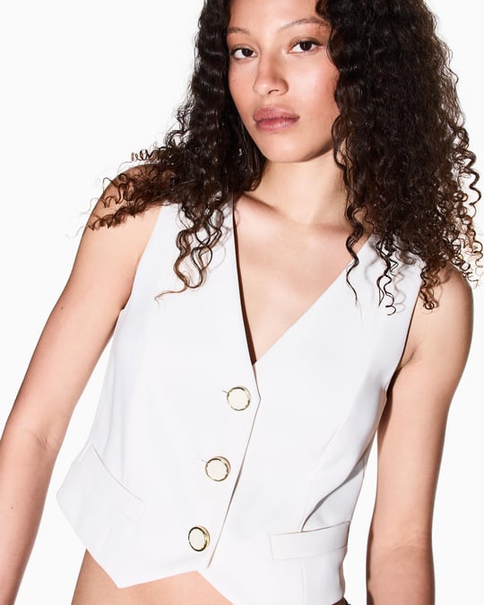 Armani Exchange Armani Exchange Kadın Yüksek Kaliteli Kumaş V Yaka Gold Düğme Detaylı Crop Ekru Yelek XW001279 AF16148-U1003