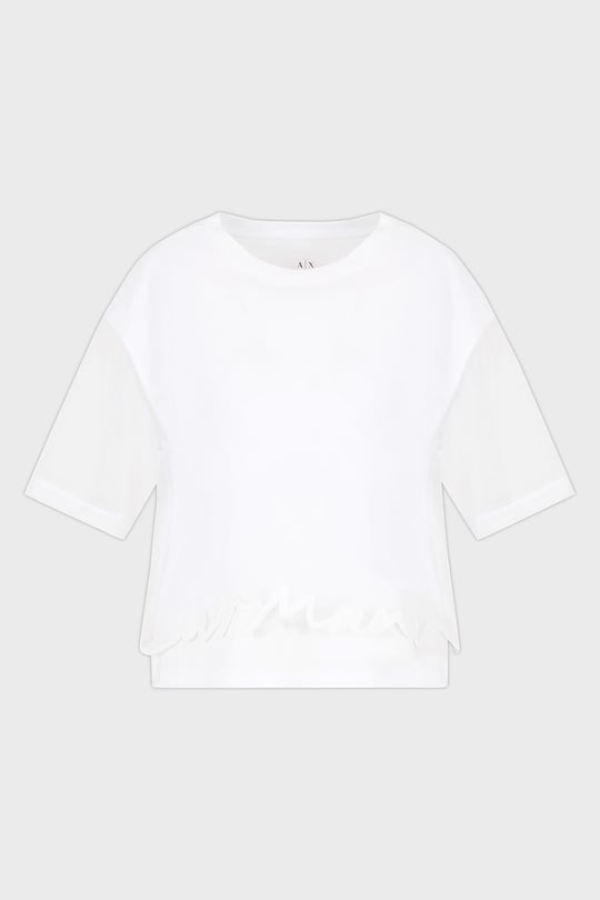 ARMANI EXCHANGE Armani Exchange Kadın Pamuklu Yuvarlak Yakalı Kolları Transparan Crop Beyaz T-Shirt XW000541 AF10359-U0002