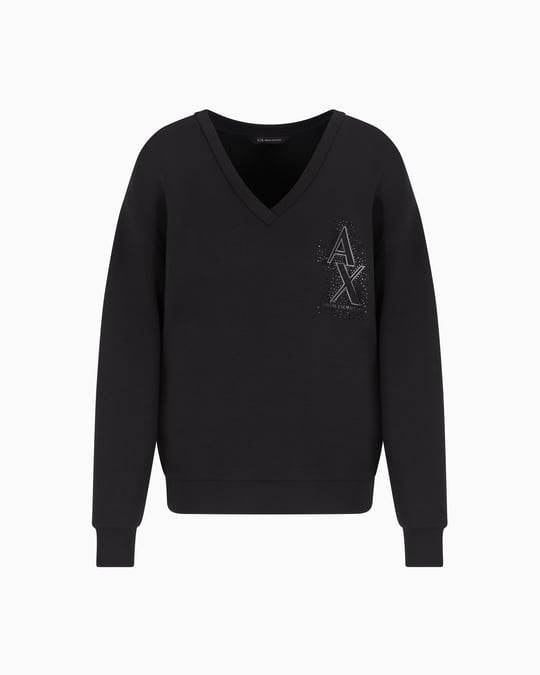 ARMANI EXCHANGE Armani Exchange Kadın Rahat Kalıp V Yaka Yapay Elmas İşlemeli AX Logolu Uzun Kollu Siyah Sweatshirt XW000093 AF10804-UC001