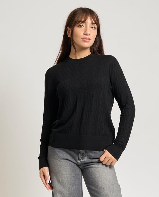 Armani Exchange Armani Exchange Kadın Normal Kalıp Yuvarlak Yakalı Desenli Pamuklu Örme Siyah Kazak XW001317 AF16619-FC101
