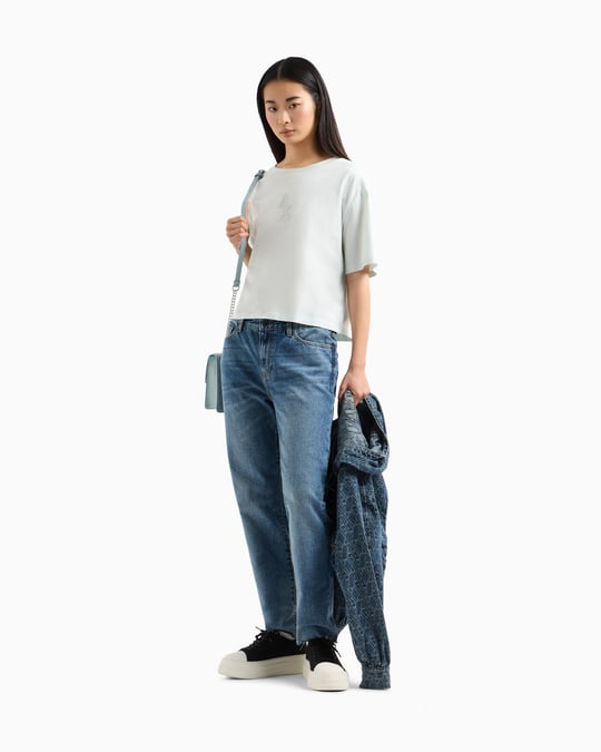 ARMANI EXCHANGE Armani Exchange Kadın Normal Kalıp Yapay Elmas İşlemeli %100 Pamuklu Crop Ekru T-Shirt XW000102 AF10359-U9093