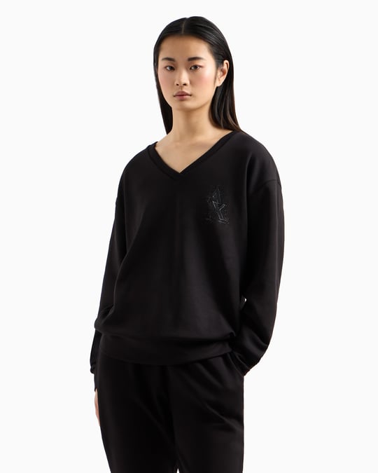 ARMANI EXCHANGE Armani Exchange Kadın Rahat Kalıp V Yaka Yapay Elmas İşlemeli AX Logolu Uzun Kollu Siyah Sweatshirt XW000093 AF10804-UC001
