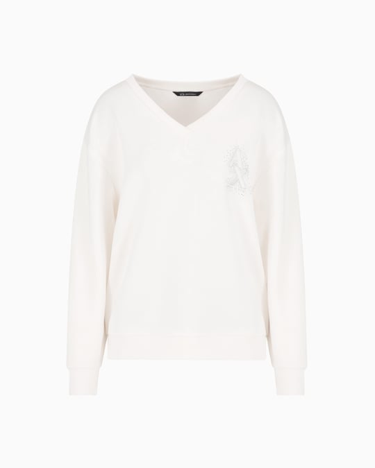 ARMANI EXCHANGE Armani Exchange Kadın Rahat Kalıp V Yaka Yapay Elmas İşlemeli AX Logolu Uzun Kollu Beyaz Sweatshirt XW000093 AF10804-U1003