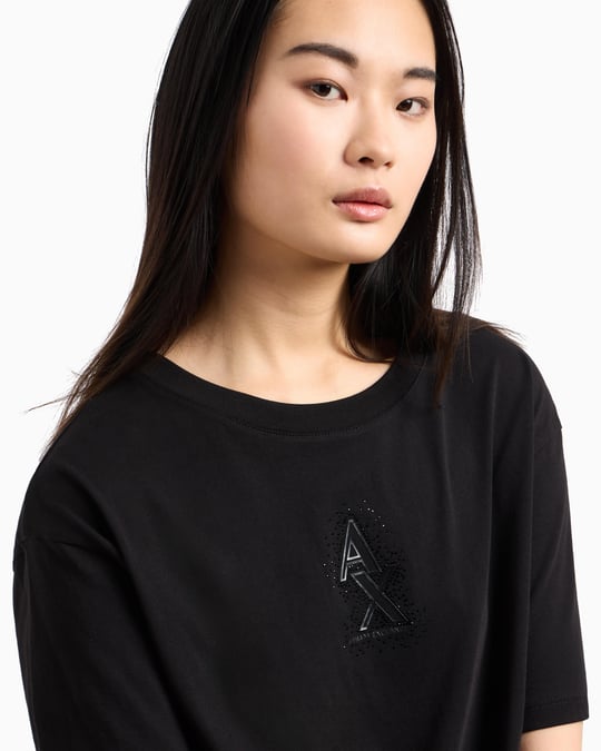 ARMANI EXCHANGE Armani Exchange Kadın Normal Kalıp Yapay Elmas İşlemeli %100 Pamuklu Crop Siyah T-Shirt XW000102 AF10359-UC001