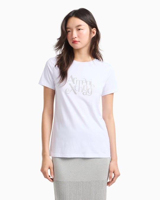 ARMANI EXCHANGE Armani Exchange Kadın Normal Kesim Yuvarlak Yaka Simli Logolu Kısa Kollu Beyaz T-Shirt XW000109 AF10359-U0002