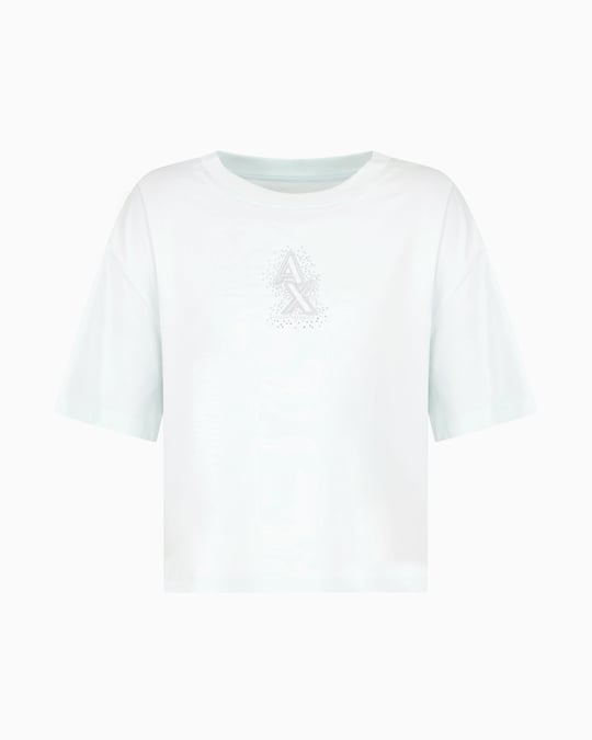 ARMANI EXCHANGE Armani Exchange Kadın Normal Kalıp Yapay Elmas İşlemeli %100 Pamuklu Crop Ekru T-Shirt XW000102 AF10359-U9093