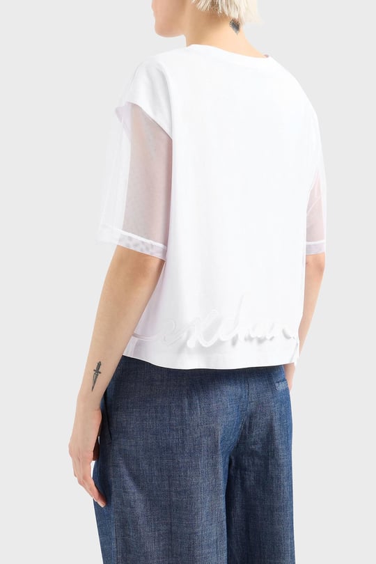 ARMANI EXCHANGE Armani Exchange Kadın Pamuklu Yuvarlak Yakalı Kolları Transparan Crop Beyaz T-Shirt XW000541 AF10359-U0002