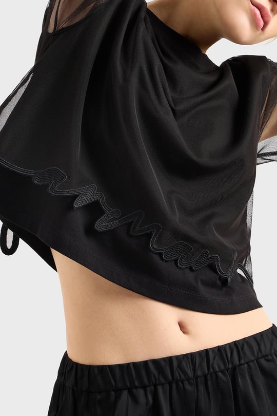 ARMANI EXCHANGE Armani Exchange Kadın Pamuklu Yuvarlak Yakalı Kolları Transparan Crop Siyah T-Shirt XW000541 AF10359-UC001