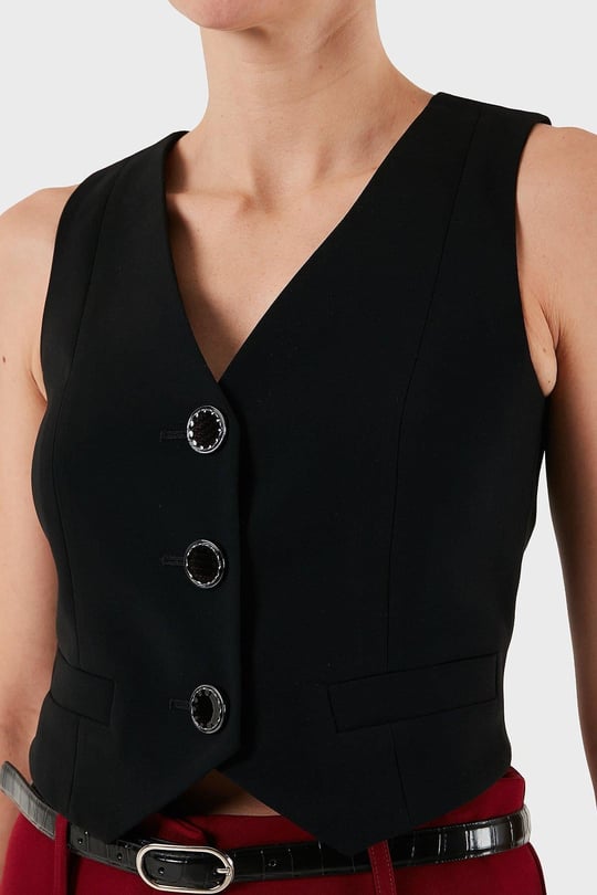 Armani Exchange Armani Exchange Kadın Yüksek Kaliteli Kumaş V Yaka Gold Düğme Detaylı Crop Siyah Yelek XW001279 AF16148-UC001