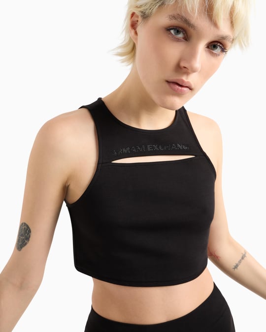 ARMANI EXCHANGE Armani Exchange Kadın Regular Fit Yuvarlak Yaka Taş Desenli Kesik Detaylı Kolsuz Crop Siyah T-Shirt XW000368 AF12826-UC001