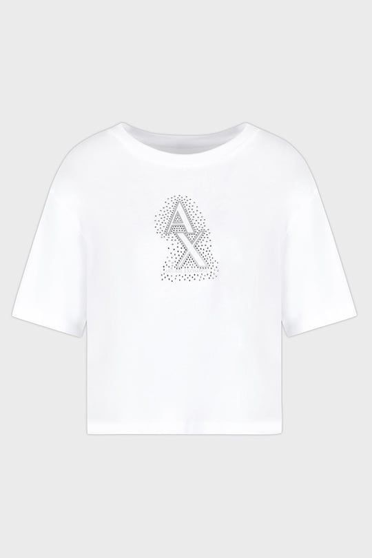 ARMANI EXCHANGE Armani Exchange Kadın Normal Kalıp Yapay Elmas İşlemeli %100 Pamuklu Crop Beyaz T-Shirt XW000102 AF10359-U0002