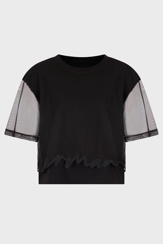 ARMANI EXCHANGE Armani Exchange Kadın Pamuklu Yuvarlak Yakalı Kolları Transparan Crop Siyah T-Shirt XW000541 AF10359-UC001