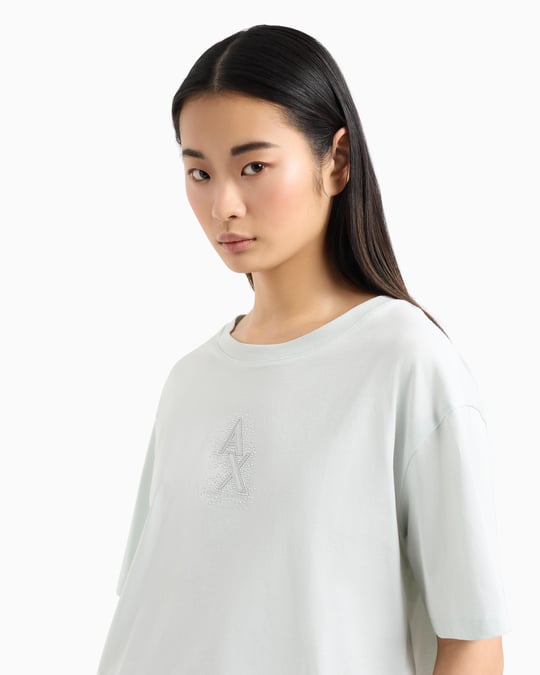 ARMANI EXCHANGE Armani Exchange Kadın Normal Kalıp Yapay Elmas İşlemeli %100 Pamuklu Crop Ekru T-Shirt XW000102 AF10359-U9093