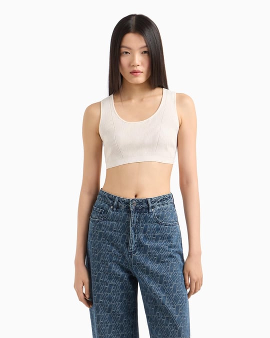 ARMANI EXCHANGE Armani Exchange Kadın Örgü Açık Yuvarlak Yakalı Dar Kalıp Crop Ekru Büstiyer XW000577 AF12740-U1003