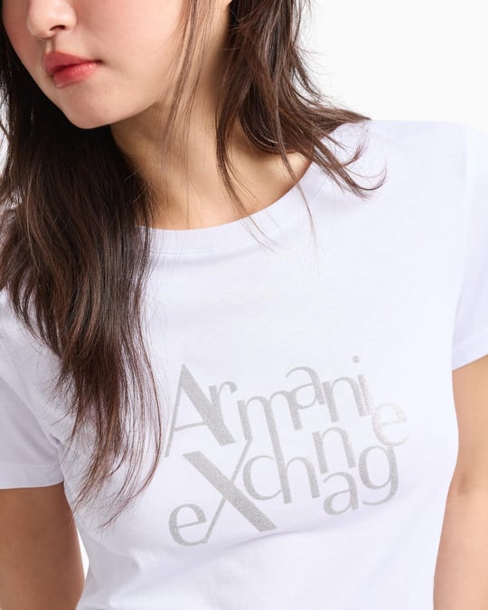 ARMANI EXCHANGE Armani Exchange Kadın Normal Kesim Yuvarlak Yaka Simli Logolu Kısa Kollu Beyaz T-Shirt XW000109 AF10359-U0002