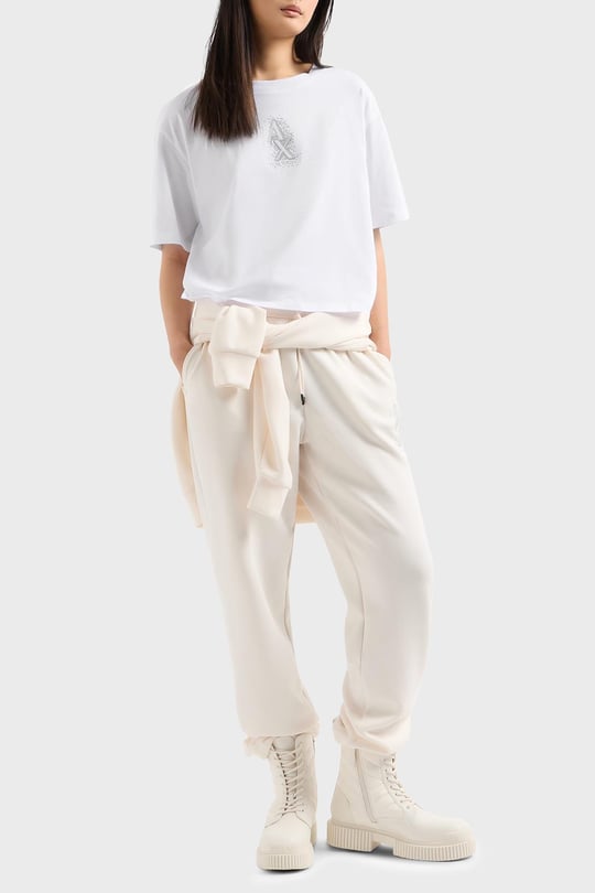 ARMANI EXCHANGE Armani Exchange Kadın Normal Kalıp Yapay Elmas İşlemeli %100 Pamuklu Crop Beyaz T-Shirt XW000102 AF10359-U0002
