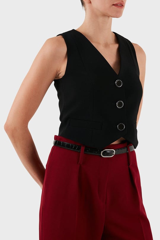 Armani Exchange Armani Exchange Kadın Yüksek Kaliteli Kumaş V Yaka Gold Düğme Detaylı Crop Siyah Yelek XW001279 AF16148-UC001